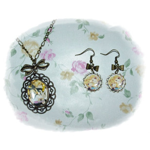 Vocaloid Kagamine Twins Rin and Len 鏡音リン・レン anime Cabochon Bronze Necklace & Earrings Set